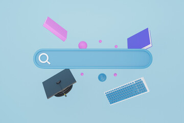 Poster - Graduation cap and book search bar Education online concept. blue background minimal style Find learning or stories for banner website application page template. 3d rendering