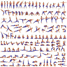 Big Set Of Vector Silhouettes Of Woman Doing Yoga Exercises. Colored Icons Of A Girl In Many Different Yoga Poses Isolated On White Background. Yoga Complex. Fitness Workout.