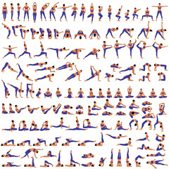 big set of vector silhouettes of woman doing yoga exercises. colored icons of a girl in many differe