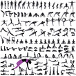 Set of silhouettes of woman practicing yoga exercises.  Icons of girl stretching and relaxing her body in many different yoga poses. Black shapes of yoga woman isolated on white background. 