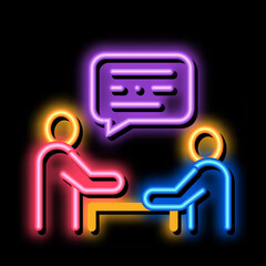 Poster - dialogue of two people neon light sign vector. Glowing bright icon dialogue of two people sign. transparent symbol illustration