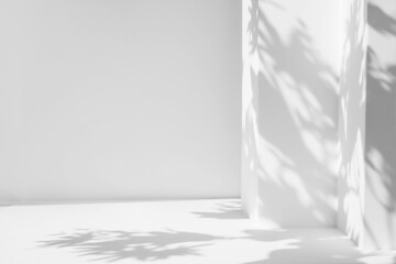 Poster - White table and abstract geometric wall background with flowers and palm leaves shadows overlay. Abstract gray studio background for product presentation. 3d room with copy space. Summer concept.