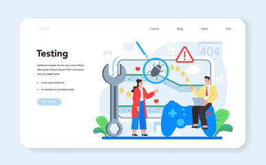 Poster - game development web banner or landing page. creative process