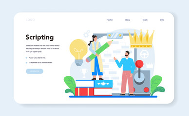 Poster - video game development web banner or landing page. creative process