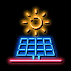 Wall Mural - action of sun on battery neon light sign vector. Glowing bright icon action of sun on battery sign. transparent symbol illustration