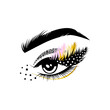 Female eye with long lashes and art make-up. Eyelash extension logo, graphic element. Vector illustration. 