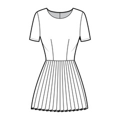 Wall Mural - Dress pleated technical fashion illustration with short sleeves, fitted body, mini length skirt. Flat apparel front, white color style. Women, men unisex CAD mockup