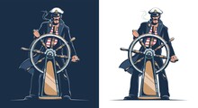 Captain Of The Ship. Sailor In Captain Uniform At The Helm Of The Ship. Vector Illustration.