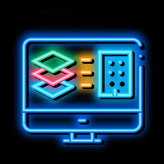 Fototapete - computer simulation of building neon light sign vector. Glowing bright icon computer simulation of building sign. transparent symbol illustration