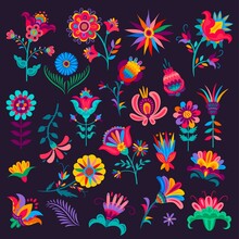 Cartoon Mexican Flowers, Buds And Blossoms, Vector Plants With Colorful Petals And Stems, Elements For Mexico Day Of Dead Dia De Los Muertos Or Cinco De Mayo Festival Floral Design Isolated Set