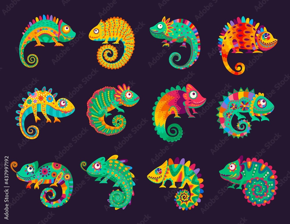 Cartoon mexican chameleons, vector lizards with ornate colorful skin, long curvy tail, tongue and telescopic eyes. Wild animal, pet, exotic tropical reptile for Cinco de Mayo or Dia de Los Muertos - obrazy, fototapety, plakaty 
