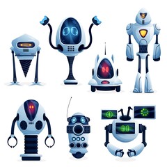 Poster - cartoon future robots, industry robotic workers characters. vector androids on wheels, droids with c