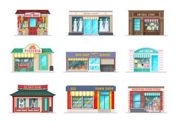 city street shops cartoon buildings. vector spice house, bridal salon and pizzeria cafe, antique sto