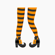 Witch Legs In Striped Stockings And Boots Isolated On White Background. Design Element For Halloween Party, Greeting Or Invitation Card. Vector Cartoon Illustration.