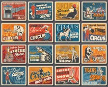 Circus Show Performers And Animals Retro Banners. Animal Tamer, Clown On Bicycle And Strongman, Human Cannonball, Magician And Aerial Acrobats, Elephant, Monkey And Horse, Tiger, Bear And Seal