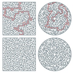 Poster - Labyrinth maze, logic game or quiz. Find way, path or exit searching riddle, kids education activity square and circle shape thin line vector template. Jigsaw puzzle, difficult maze with task solution
