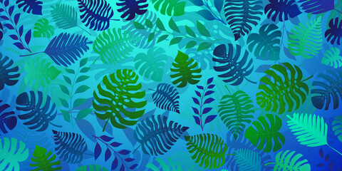 Background with exotic jungle plants. Tropical palm leaves. Rainforest illustration in green and blue colors.