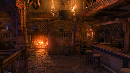 Aufkleber - 3D rendering of the interior of a medieval tavern bar lit by candlelight and burning fire.