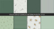 Collection of 8 pattern in rustic style. Plaid, dots, strips and daisy textures in green and white colors.
