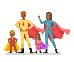 Wall Mural - Happy family character vector design. Parents and children in superheroes costumes portrait.