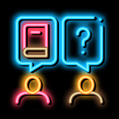 Poster - book discussion dialogue neon light sign vector. Glowing bright icon book discussion dialogue sign. transparent symbol illustration