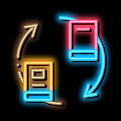 Poster - book sharing neon light sign vector. Glowing bright icon book sharing sign. transparent symbol illustration