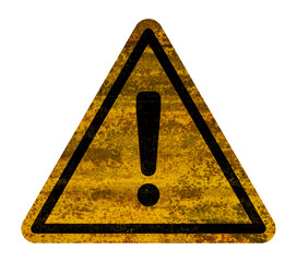 Wall Mural - Hazard warning symbol rustic texture with exclamation mark on white background. Hazard warning attention sign with exclamation mark symbol. Worn and corroded metal