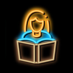Poster - reading girl neon light sign vector. Glowing bright icon reading girl sign. transparent symbol illustration