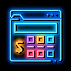 Poster - money calculator neon light sign vector. Glowing bright icon money calculator sign. transparent symbol illustration