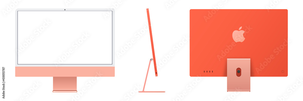 MAGELANG, INDONESIA - JUNE 7, 2021: iMac 2021 desktop. New iMac computer. Front, side and back view. Apple computer in orange. Vector illustration