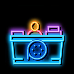 Poster - recorder seller neon light sign vector. Glowing bright icon recorder seller sign. transparent symbol illustration