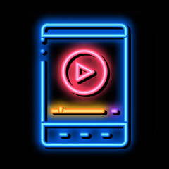Poster - music player neon light sign vector. Glowing bright icon music player sign. transparent symbol illustration