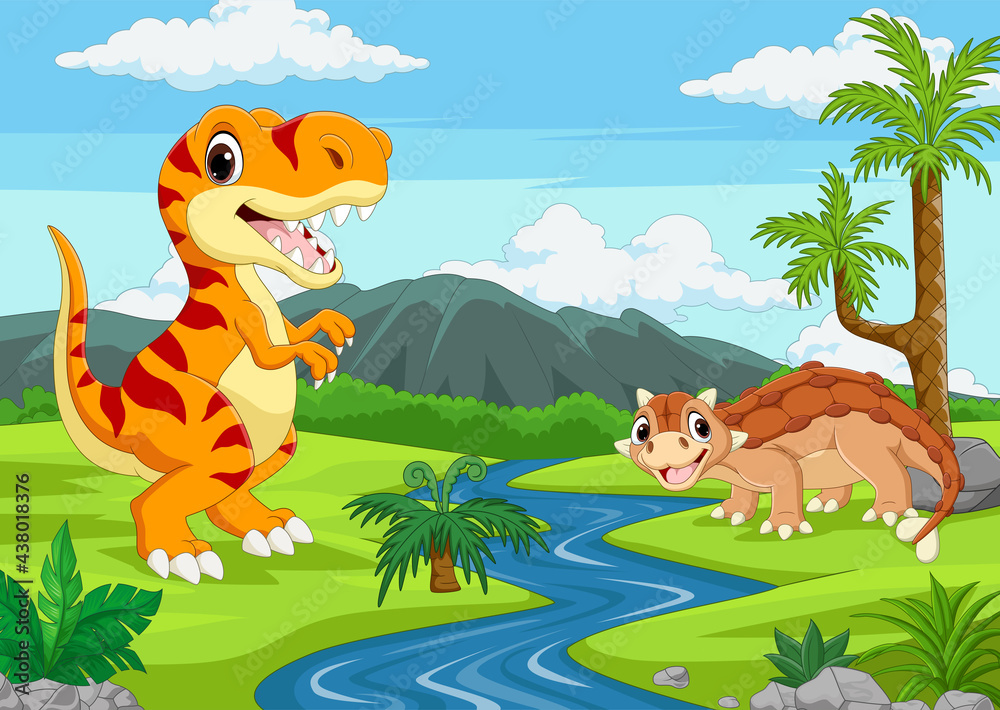 Cartoon two dinosaurs in the jungle - obrazy, fototapety, plakaty 