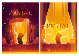 Wall Mural - portal cartoon posters with traveler man stand at magic teleport in stone frame inside of mountain c