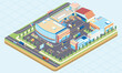 isometric illustration of a mall building complex with warehouse for storing goods and loading and unloading activities