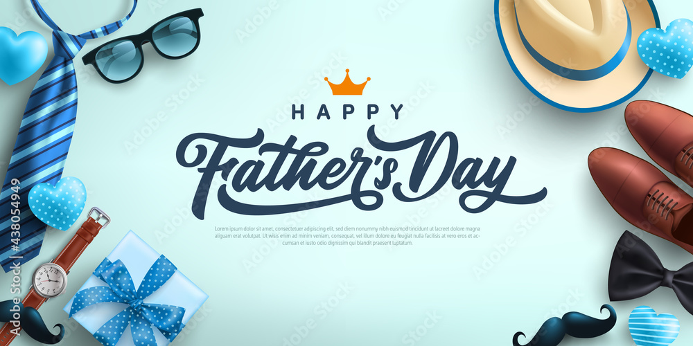 Father's Day Sale poster or banner template with necktie,glasses,hat and gift box.Greetings and presents for Father's Day in flat lay styling.Promotion and shopping template for love dad concept - obrazy, fototapety, plakaty 