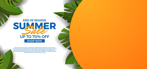 Wall Mural - Summer sale offer banner with green tropical leaves decoration template