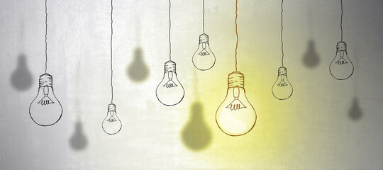Wall Mural - Creative light bulb sketch on concrete wall background. Idea concept.