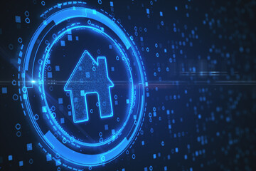 Aufkleber - Digital glowing smart home icon on dark background. Future, technology and automation concept. 3D Rendering.