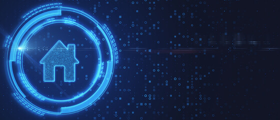 Poster - Abstract glowing smart home icon on dark background. Future, technology and automation concept. 3D Rendering.
