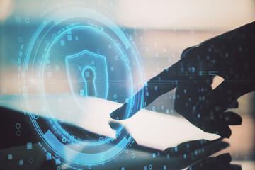 Aufkleber - Personal information protection concept with glowing digital keyhole symbol on man hand touching digital tablet screen background.