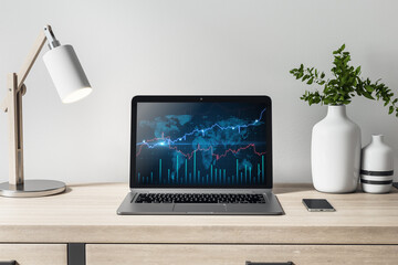 Poster - Close up of modern office workplace with items, computer and forex chart. 3D Rendering.