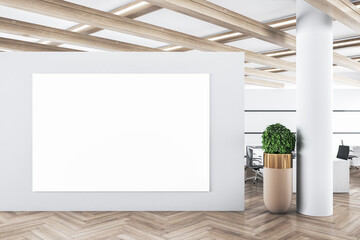 Modern concrete office interior with empty banner on wall and wooden floor. Advertisement concept. 3D Rendering.