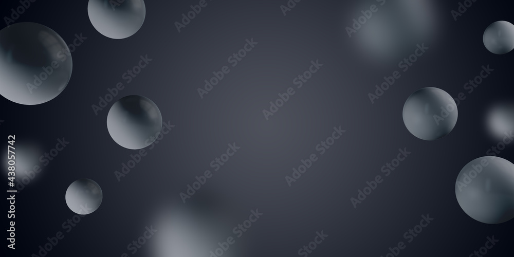 Abstract blurry black background with 3d rendering bubbles and mock up space. - obrazy, fototapety, plakaty 