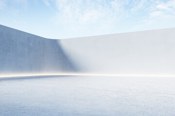Aufkleber - Blank open air presentation stage with glowing light between fence and floor and blue sky on background. 3D rendering, mockup