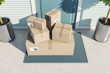 Poster - Postal delivery or moving concept with cardboard boxes on doormat near entrance outdoor. 3D rendering.
