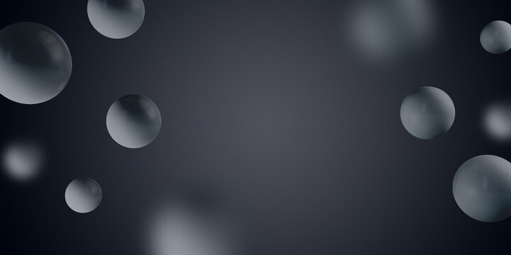 Abstract blurry black background with 3d rendering bubbles and mock up space.
