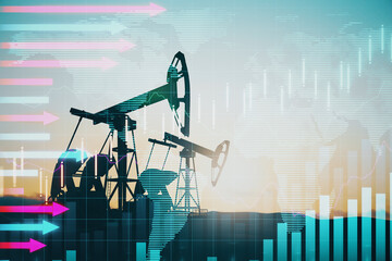 Poster - Oil industry exchange market concept with sunset oil pump jacks and digital screen with horizontal pink and blue arrows and financial chart graphs. Double exposure.