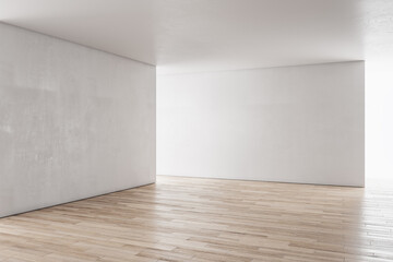 Aufkleber - Contemporary concrete interior with sunlight and empty wall mockup place. Exhibition, art and advertisement concept. 3D Rendering.