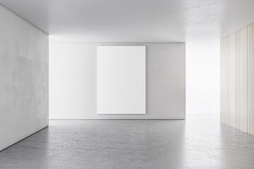 Poster - White concrete interior with sunlight and empty wall mockup place. Exhibition, art and advertisement concept. 3D Rendering.
